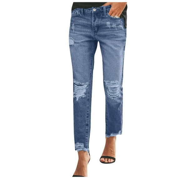FrzhBrz Womens Ripped Jeans Stretchy Mid Waist Skinny Button Comfy Jeans for Women