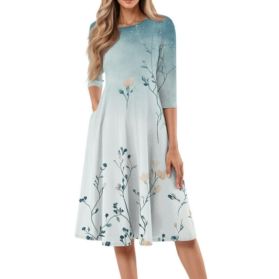 FrzhBrz Womens Round Neck 3/4 Sleeves A-line Vintage Print Casual Tshirt Flare Fashion Casual Midi Dress 2025 Spring with Pocket