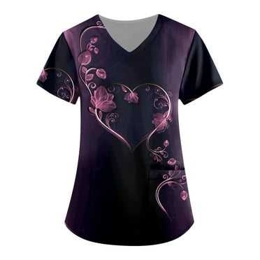 FrzhBrz Womens Valentines Day Scrubs Tops Love Heart Printed Plus Size V-Neck Fun T Shirts Valentine's Day Holiday Nurse Working Uniforms