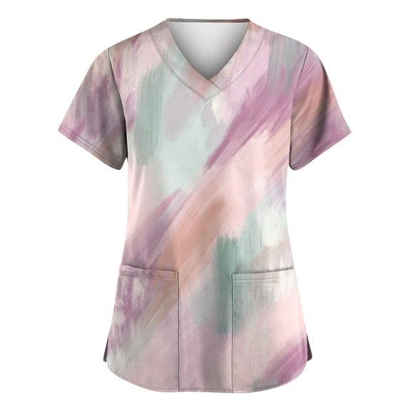 FrzhBrz Working Uniform for Women Stretch Breathable Print Scrub Tops Women V Neck Nursing Short Sleeve Tee Tops Medical Workwear with Pockets