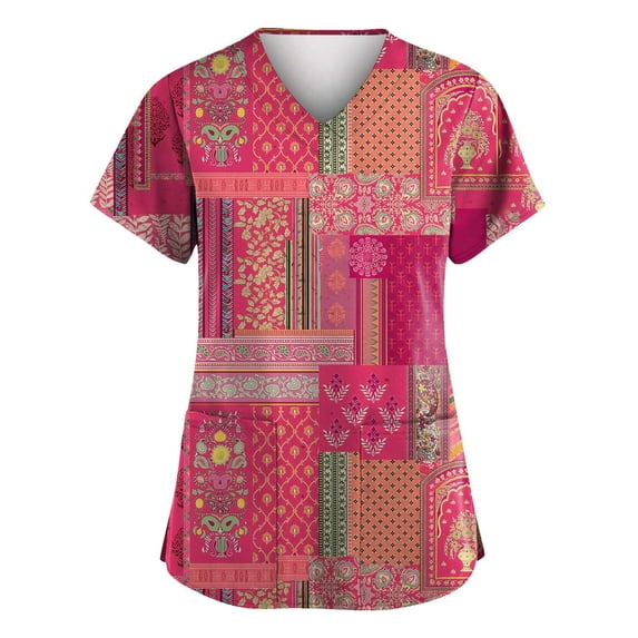 FrzhBrz Working Uniform for Women Stretch Breathable Print Scrub Tops Women V Neck Nursing Short Sleeve Tee Tops Medical Workwear with Pockets