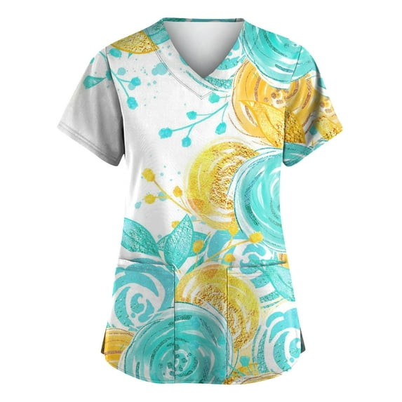 FrzhBrz Working Uniform for Women Stretch Breathable Print Scrub Tops Women V Neck Nursing Short Sleeve Tee Tops Medical Workwear with Pockets