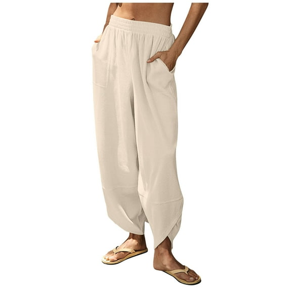 Fsahion Plus Size Casual Sweatpants for Womens Elastic Waist Solid Color Baggy Wide-Leg Pants Casual Elastic-Waistband Pocket Pants Bleak Deal on Clearance!