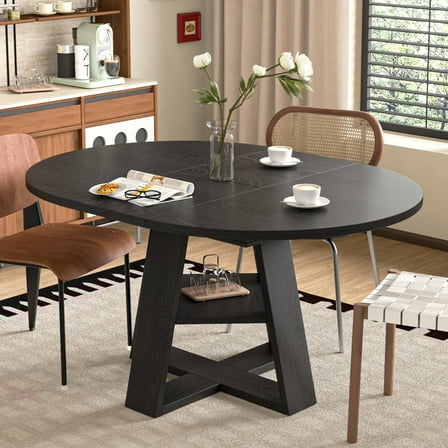 Fsbecl 43.3in-59in Extendable Round Dining Table for 4-8, Modern Wooden Kitchen Table with Removable Leaves, Black