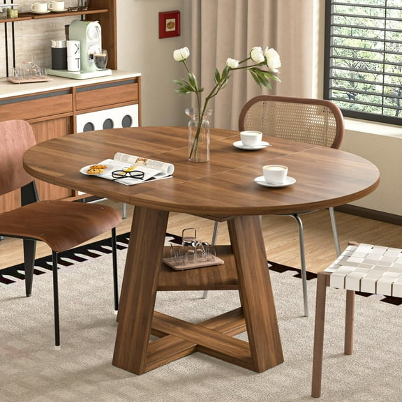 Fsbecl 43.3in-59in Extendable Round Dining Table for 4-8, Modern Wooden Kitchen Table with Removable Leaves, Walnut