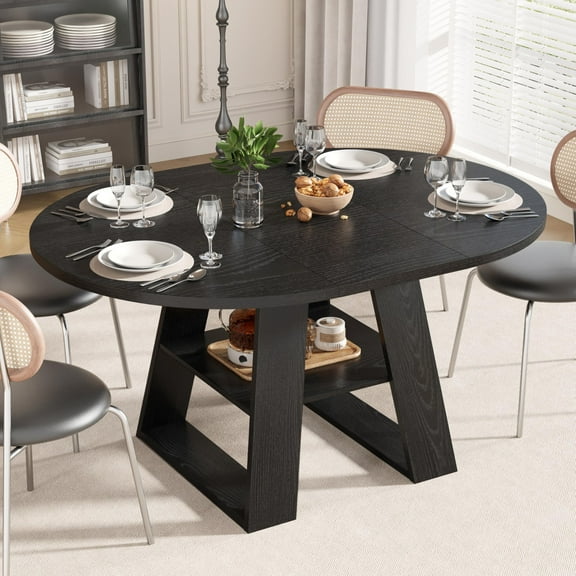 Fsbecl 43.3in-59in Extendable Round Dining Table for 4-8, Space Saving Kitchen Table with Storage Shelf Base, Black