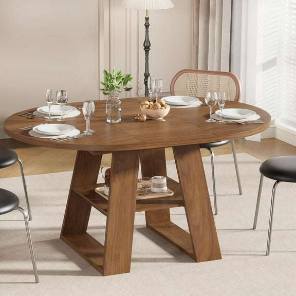 Fsbecl 43.3in-59in Extendable Round Dining Table for 4-8, Space Saving Kitchen Table with Storage Shelf Base, Walnut