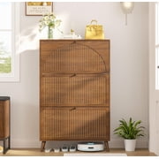Fsbecl Freestanding Narrow Shoe Cabinet with 3 Flip Drawers for Entryway, Walnut