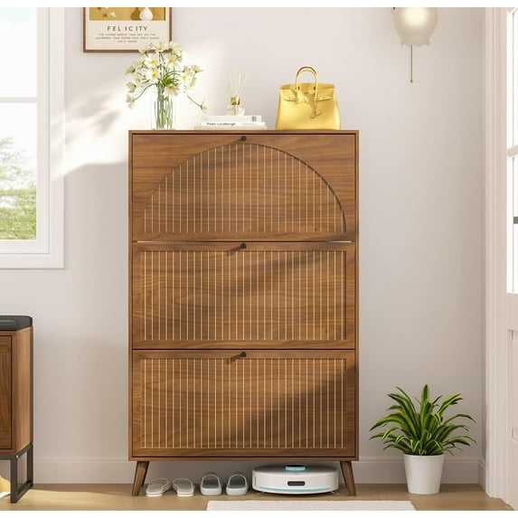 Fsbecl Freestanding Narrow Shoe Cabinet with 3 Flip Drawers for Entryway, Walnut