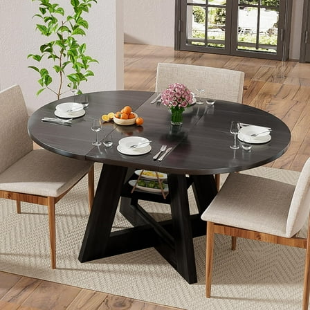 Fsbecl Mid Century Modern Extendable Round Dining Table 43.3in-59in for 4-8, Wooden Kitchen Dining Table, Black