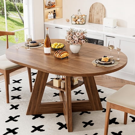 Fsbecl Mid Century Modern Extendable Round Dining Table 43.3in-59in for 4-8, Wooden Kitchen Dining Table, Walnut