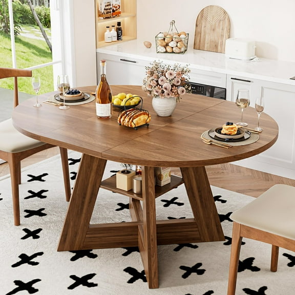 Fsbecl Mid Century Modern Extendable Round Dining Table 43.3in-59in for 4-8, Wooden Kitchen Dining Table, Walnut