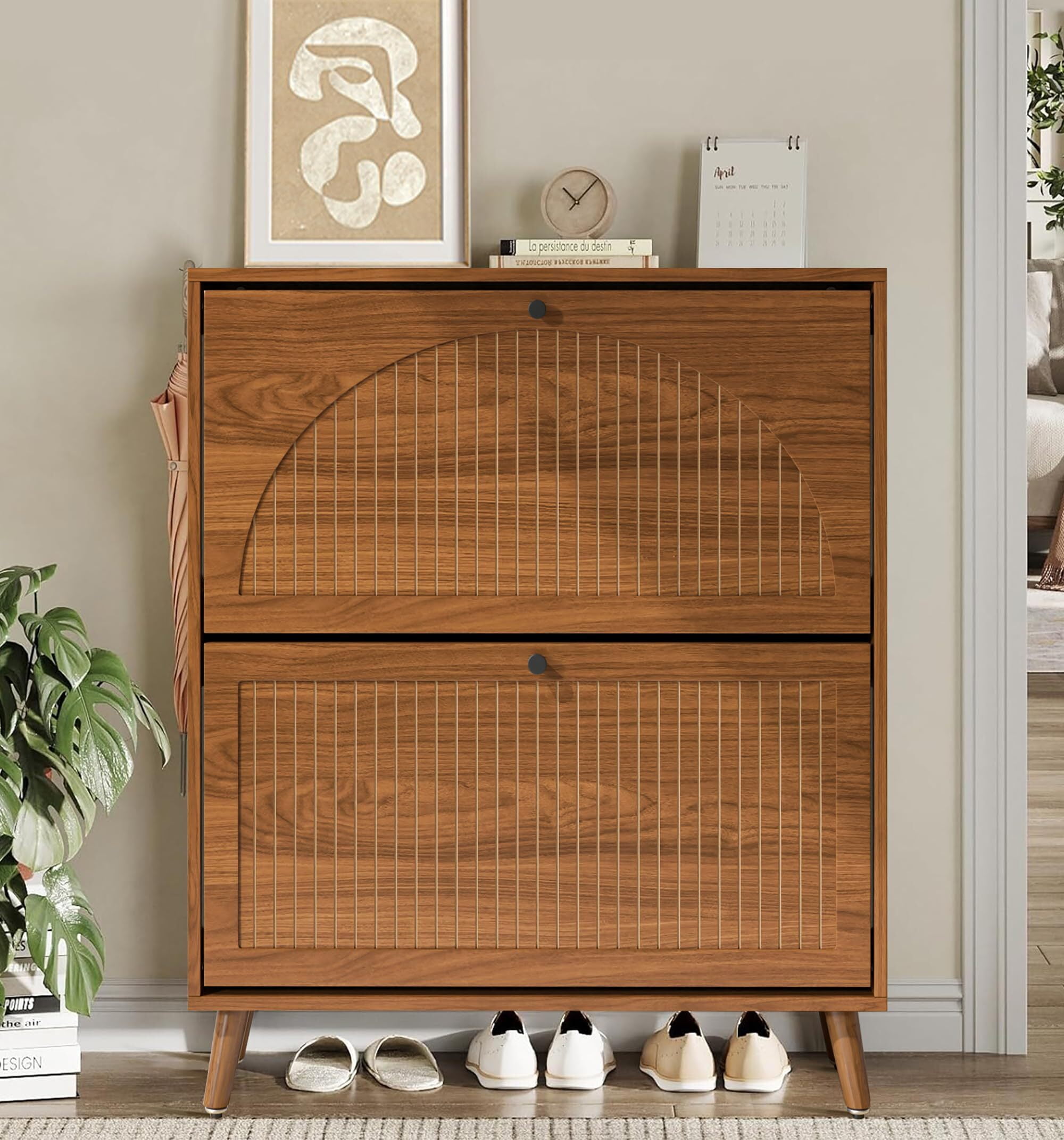 Fsbecl Modern Shoe Storage Cabinet with 2 Flip Drawers for Entryway, Walnut