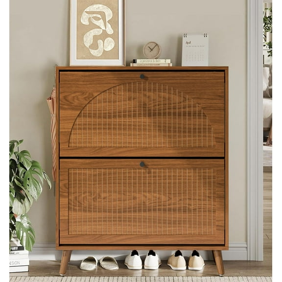 Fsbecl Modern Shoe Storage Cabinet with 2 Flip Drawers for Entryway, Walnut
