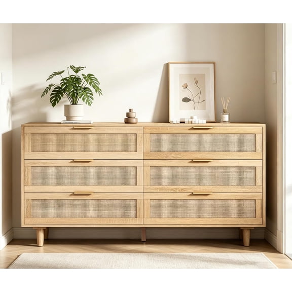 Fsbecl Rattan Console Table with 6 Drawers, 59-Inch Long Entryway Table with Storage, Farmhouse Behind Couch Table with Gold Handle, Wood Accent Cabinet for Living Room, Hallway, Oak