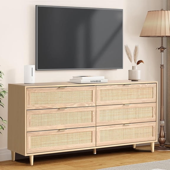 Fsbecl Rattan Dresser TV Stand for Bedroom with 6 Drawers 59.06'' Long Dresser for Bedroom with Black Handles Enterainment Center Media Console Table for 65 Inch TV Living Room (Natural, 59.06''W)