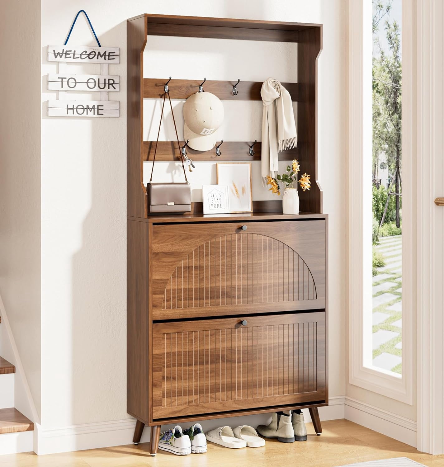 Fsbecl Shoe Storage Cabinet with 2 Fluted Flip Drawers & Coat Rack ...