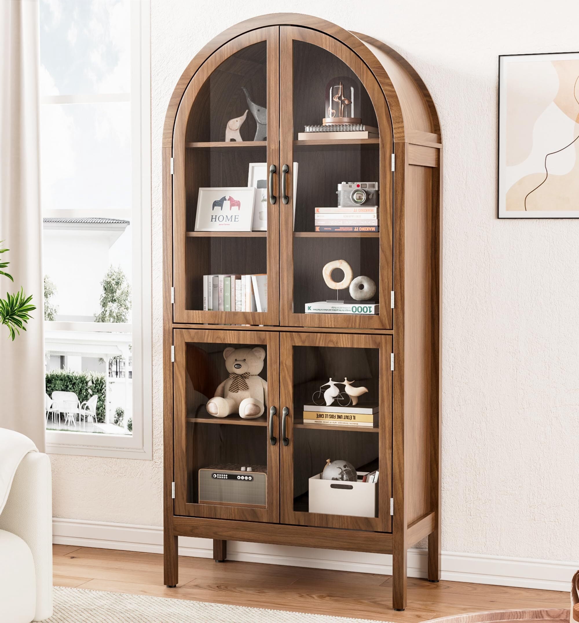 Fsbecl Tall Arched Display Cabinet with Acrylic Glass Doors, Pantry Storage Cabinet for Living Dining Room, Walnut