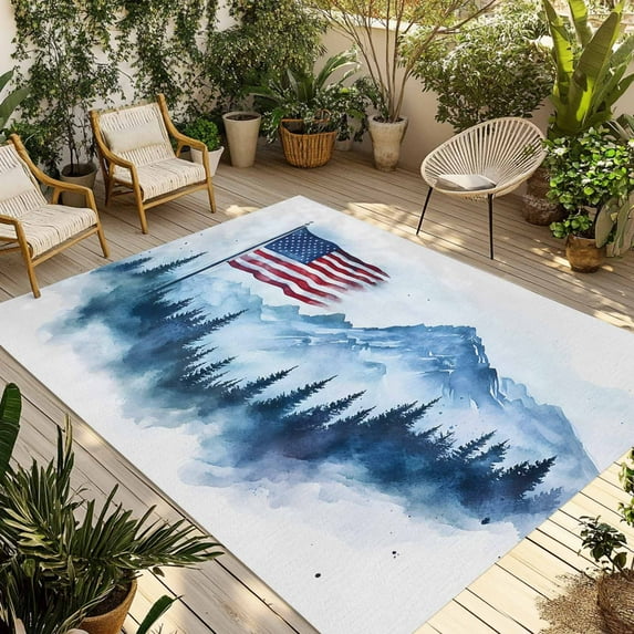 Fsddascl 4th of July American Flag Outdoor Rug for Patio/Deck/Porch, Non-Slip Large Area Rug 5 x 8 Ft, Forest Independence Day Indoor Outdoor Rugs Washable Area Rugs, Reversible Camping Rug Carpet