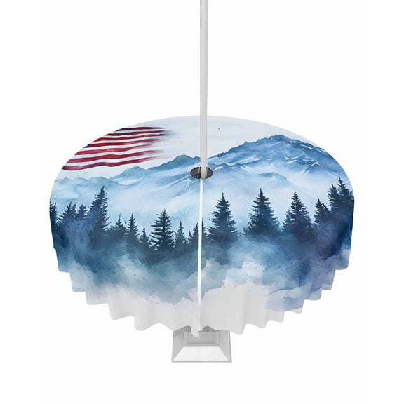 Fsddascl 4th of July American Flag Outdoor Tablecloth - 54 Inch Round Dining Table Cover, Forest Independence Day Waterproof Outdoor Table Cloth with Umbrella Hole & Zipper for Picnic/Patio/Party