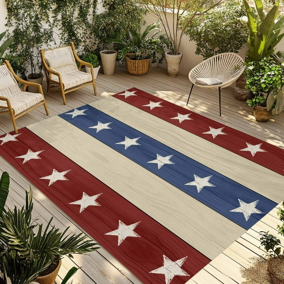 Fsddascl 4th of July Outdoor Rug for Patio/Deck/Porch, Non-Slip Large Area Rug 4 x 6 Ft, Blue Red Star Striped Independence Day Indoor Outdoor Rugs Washable Area Rugs, Reversible Camping Rug Carpet