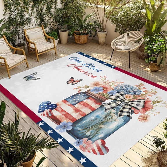 Fsddascl 4th of July Outdoor Rug for Patio/Deck/Porch, Non-Slip Large Area Rug 4 x 6 Ft, Independence Day Spring Floral Love Heart Flowers Indoor Outdoor Rugs Washable Area Rugs, Camping Rug Carpet