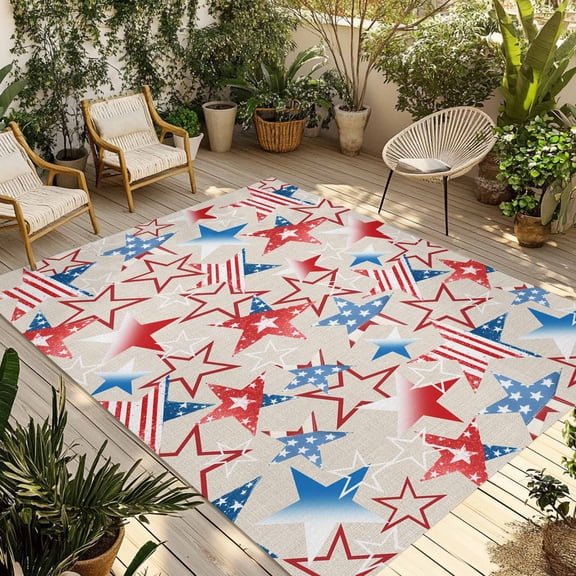 Fsddascl 4th of July Outdoor Rug for Patio/Deck/Porch, Non-Slip Large Area Rug 4 x 6 Ft, Navy Blue Red Stars Independence Day Rustic Indoor Outdoor Rugs Washable Area Rugs, Camping Rug Carpet