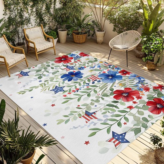 Fsddascl 4th of July Outdoor Rug for Patio/Deck/Porch, Non-Slip Large Area Rug 5 x 8 Ft, Blue Red Spring Floral Independence Day Indoor Outdoor Rugs Washable Area Rugs, Reversible Camping Rug Carpet