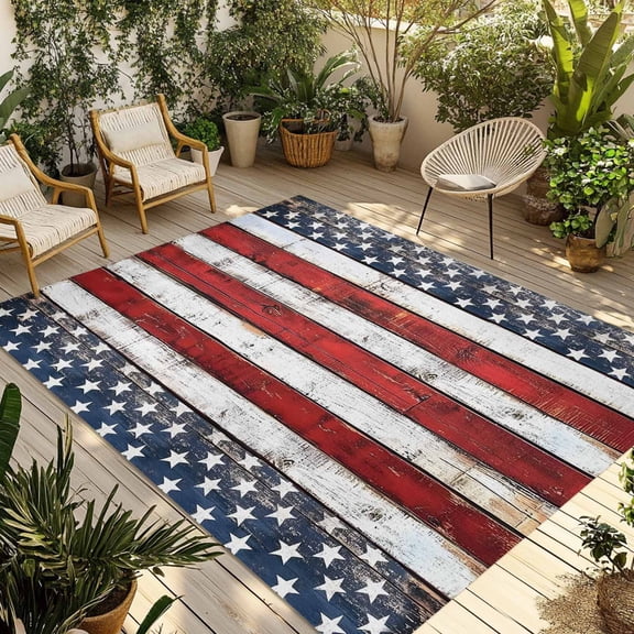 Fsddascl 4th of July Outdoor Rug for Patio/Deck/Porch, Non-Slip Large Area Rug 5 x 8 Ft, Independence Day Blue Star Red Stripe Indoor Outdoor Rugs Washable Area Rugs, Reversible Camping Rug Carpet