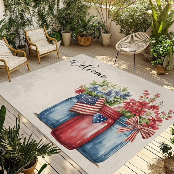 Fsddascl 4th of July Outdoor Rug for Patio/Deck/Porch, Non-Slip Large Area Rug 5 x 8 Ft, Spring Floral Red US Flag Rustic Independence Day Indoor Outdoor Rugs Washable Area Rugs, Camping Rug Carpet
