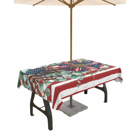 Fsddascl 4th of July Outdoor Tablecloth - 52x70 Inch Rectangle Dining Table Cover, Red Striped Independence Day Star Botanical Waterproof Outdoor Table Cloth with Umbrella Hole & Zipper for Patio