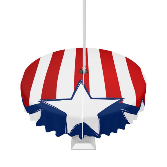 Fsddascl 4th of July Outdoor Tablecloth - 54 Inch Round Dining Table Cover, Blue Independence Day Red Striped White Star Waterproof Outdoor Table Cloth with Umbrella Hole & Zipper for Picnic/Patio