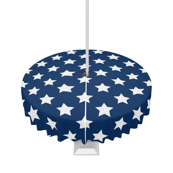 Fsddascl 4th of July Outdoor Tablecloth - 54 Inch Round Dining Table Cover, Independence Day Patriotic White Star Blue Waterproof Outdoor Table Cloth with Umbrella Hole & Zipper for Picnic/Patio