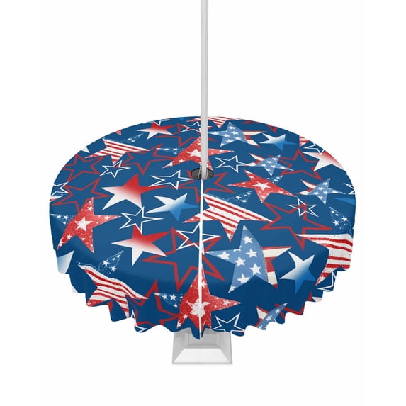 Fsddascl 4th of July Outdoor Tablecloth - 54 Inch Round Dining Table Cover, Navy Blue Red Stars Independence Day Waterproof Outdoor Table Cloth with Umbrella Hole & Zipper for Picnic/Patio/Party