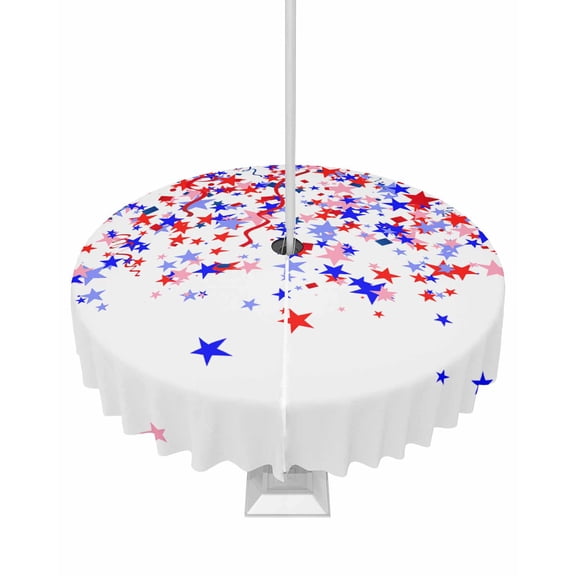 Fsddascl 4th of July Outdoor Tablecloth - 54 Inch Round Dining Table Cover, Red Blue Star Independence Day Waterproof Outdoor Table Cloth with Umbrella Hole & Zipper for Picnic/Patio/Party