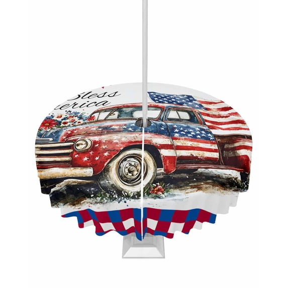 Fsddascl 4th of July Outdoor Tablecloth - 60 Inch Round Dining Table Cover, Independence Day Truck Red Blue Plaid Waterproof Outdoor Table Cloth with Umbrella Hole & Zipper for Picnic/Patio/Party