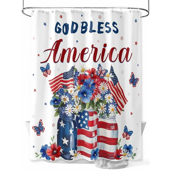 Fsddascl 4th of July Shower Curtain Set - 48" x 72" Washable Bathtub Curtain with 12 Hooks, Independence Day Blue Red US Flag Spring Floral Waterproof Fabric Stall Shower Curtains for Bathroom