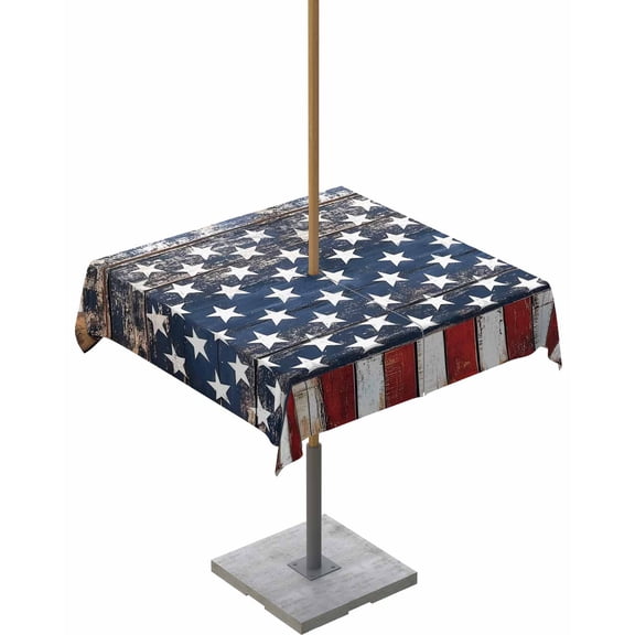 Fsddascl 4th of July Star Outdoor Tablecloth - 54x54 Inch Square Dining Table Cover, Retro Blue Star Red Striped Independence Day Waterproof Outdoor Table Cloth with Umbrella Hole & Zipper for Patio