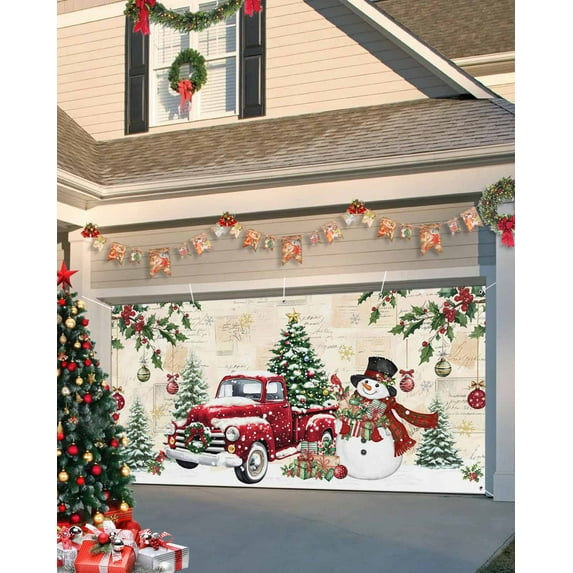 Fsddascl 6 x 13 Ft Christmas Garage Door Cover, Christmas Large Garage Door Banner, Xmas Snowman Truck Snowflake Tree Balls Vintage Hanging Garage Mural Background for Indoor Outdoor Party Supplies