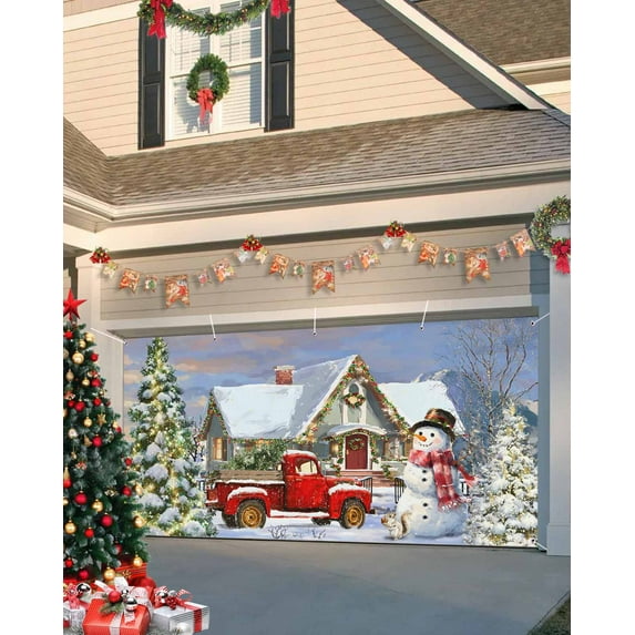 Fsddascl 6 x 13 Ft Christmas Garage Door Cover, Farmhouse Christmas Large Garage Door Banner, Xmas Tree Truck Snowflake Snowman Hanging Garage Mural Background for Indoor Outdoor Xmas Party Supplies