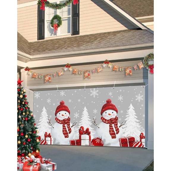 Fsddascl 6 x 13 Ft Christmas Garage Door Cover, Grey Red Christmas Large Garage Door Banner, Snowman Xmas Tree Snowflake Gifts Hanging Garage Mural Background for Indoor Outdoor Xmas Party Supplies