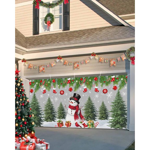 Fsddascl 6 x 13 Ft Christmas Garage Door Cover, Grey Snowman Christmas Large Garage Door Banner, Xmas Stockings Tree Snowflake Hanging Garage Mural Background for Indoor Outdoor Xmas Party Supplies