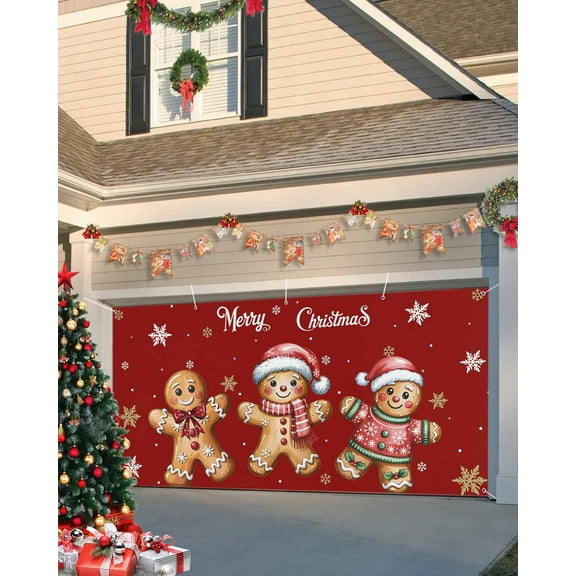 Fsddascl 6 x 13 Ft Christmas Garage Door Cover, Red Christmas Large Garage Door Banner, Gingerbread Xmas Snowflake Hanging Garage Mural Background for Indoor Outdoor Xmas Party Supplies