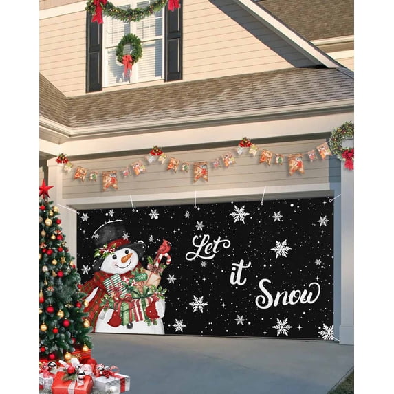 Fsddascl 7 x 16 Ft Christmas Garage Door Cover, Black Christmas Snowman Large Garage Door Banner, Xmas Botanical Birds Snowflake Hanging Garage Mural Background for Indoor Outdoor Xmas Party Supplies