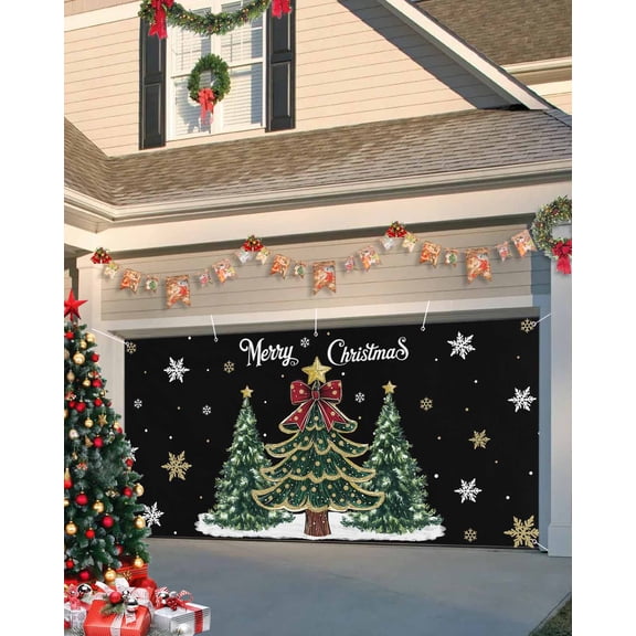 Fsddascl 7 x 16 Ft Christmas Garage Door Cover, Black Christmas Tree Large Garage Door Banner, Snowflake Tree Xmas Hanging Garage Mural Background for Indoor Outdoor Xmas Party Supplies