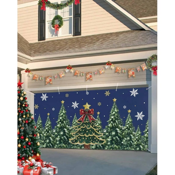Fsddascl 7 x 16 Ft Christmas Garage Door Cover, Blue Christmas Large Garage Door Banner, Snowflake Xmas Christmas Tree Hanging Garage Mural Background for Indoor Outdoor Xmas Party Supplies