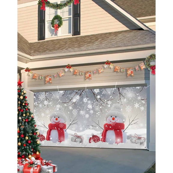 Fsddascl 7 x 16 Ft Christmas Garage Door Cover, Grey Snowman Christmas Large Garage Door Banner, Xmas Snowflake Branch Hanging Garage Mural Background for Indoor Outdoor Xmas Party Supplies