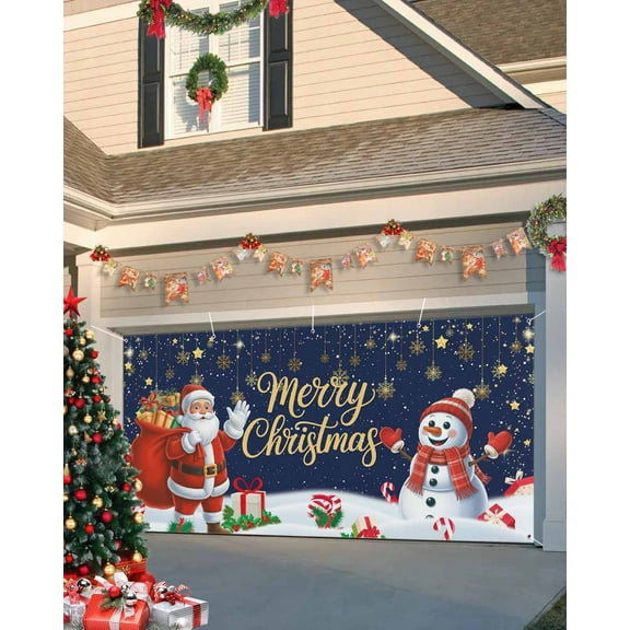 Fsddascl 7 x 16 Ft Christmas Garage Door Cover, Navy Blue Christmas Large Garage Door Banner, Xmas Snowman Santa Snowflake Hanging Garage Mural Background for Indoor Outdoor Xmas Party Supplies