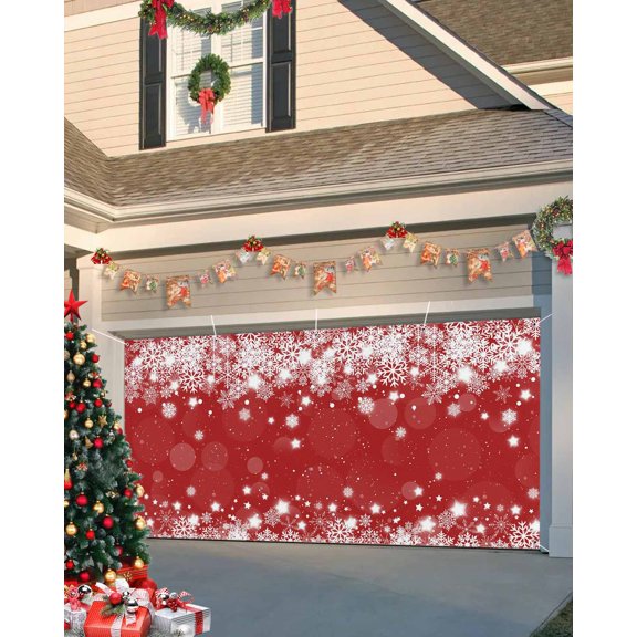 Fsddascl 7 x 16 Ft Christmas Garage Door Cover, Red Snowflake Christmas Large Garage Door Banner, Winter Xmas Star Snowflake Hanging Garage Mural Background for Indoor Outdoor Xmas Party Supplies