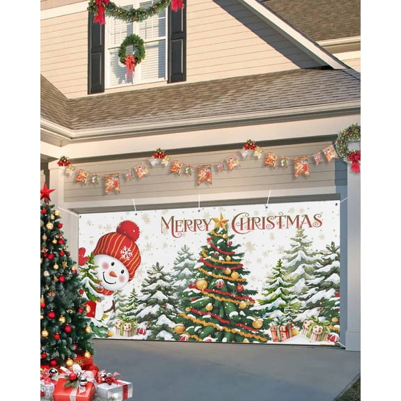 Fsddascl 7 x 16 Ft Christmas Garage Door Cover, Red Snowman Christmas Large Garage Door Banner, Xmas Tree Snowflake Hanging Garage Mural Background for Indoor Outdoor Xmas Party Supplies
